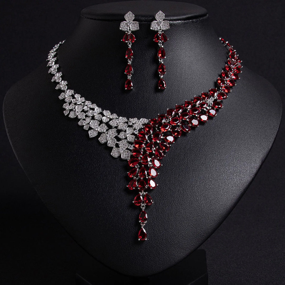 Luxury Ruby Red Crystal Necklace and Earrings Jewelry Set