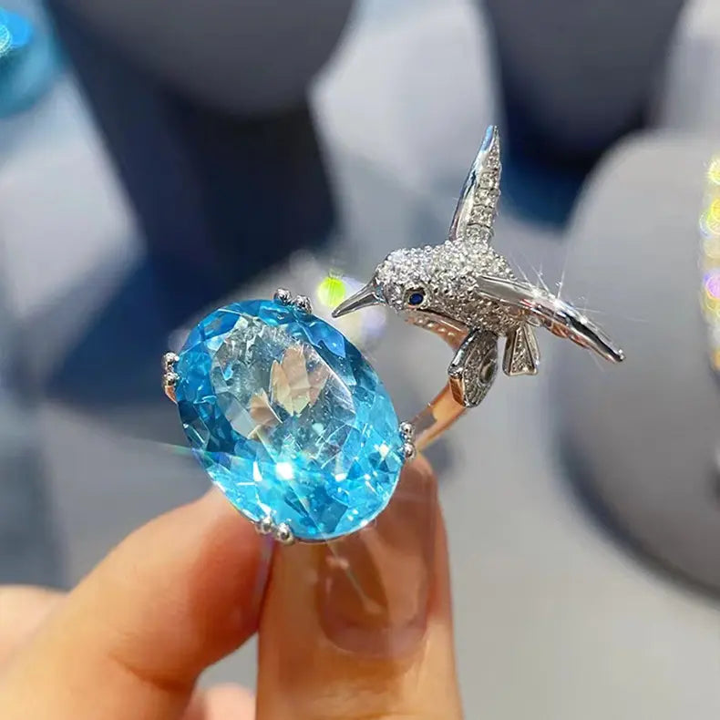 Luxury Blue Oval Crystal Bird Ring for Women