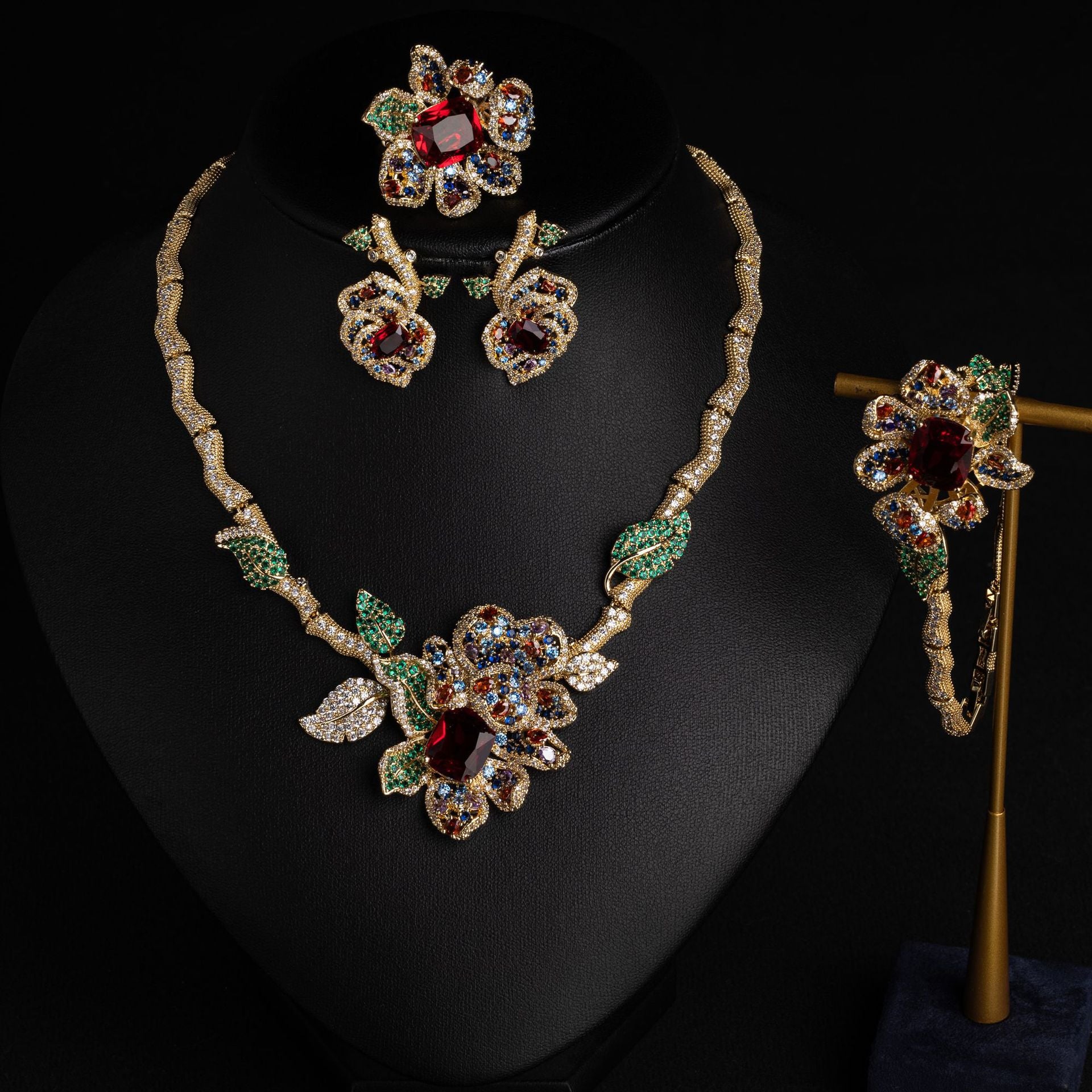 Luxury Red Gemstone Floral Jewelry Set for Women – Necklace Earrings Bracelet and Ring