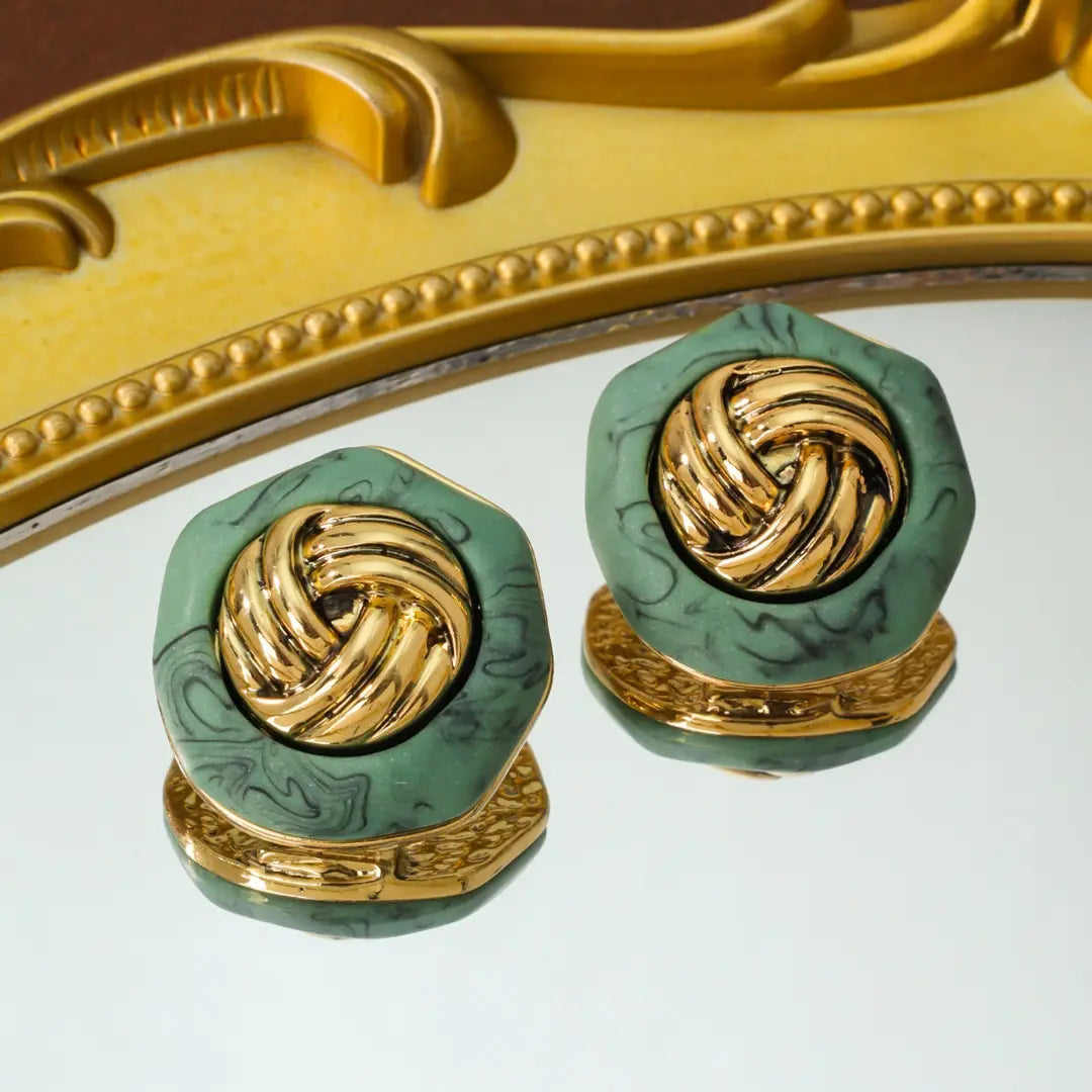 Boucles d'oreilles vintage à boutons turquoise en or ancien, boucles d'oreilles tridimensionnelles en argent