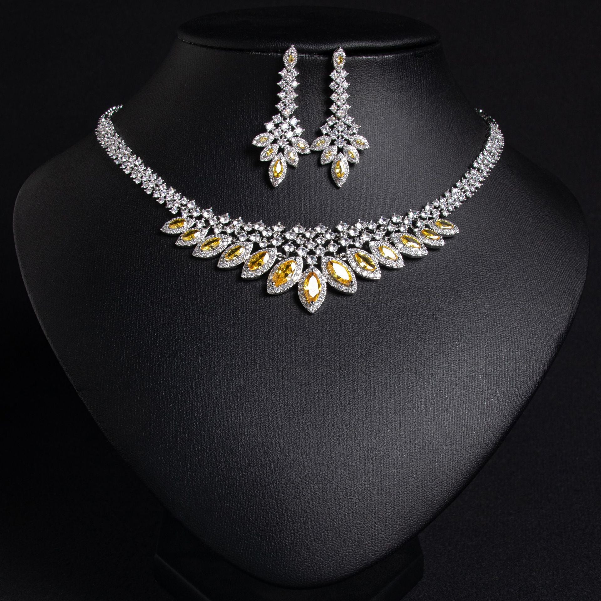 Luxury Multicolor Marquise Gemstone Necklace Set for Women – Elegant Leaf Jewelry with Matching Earrings