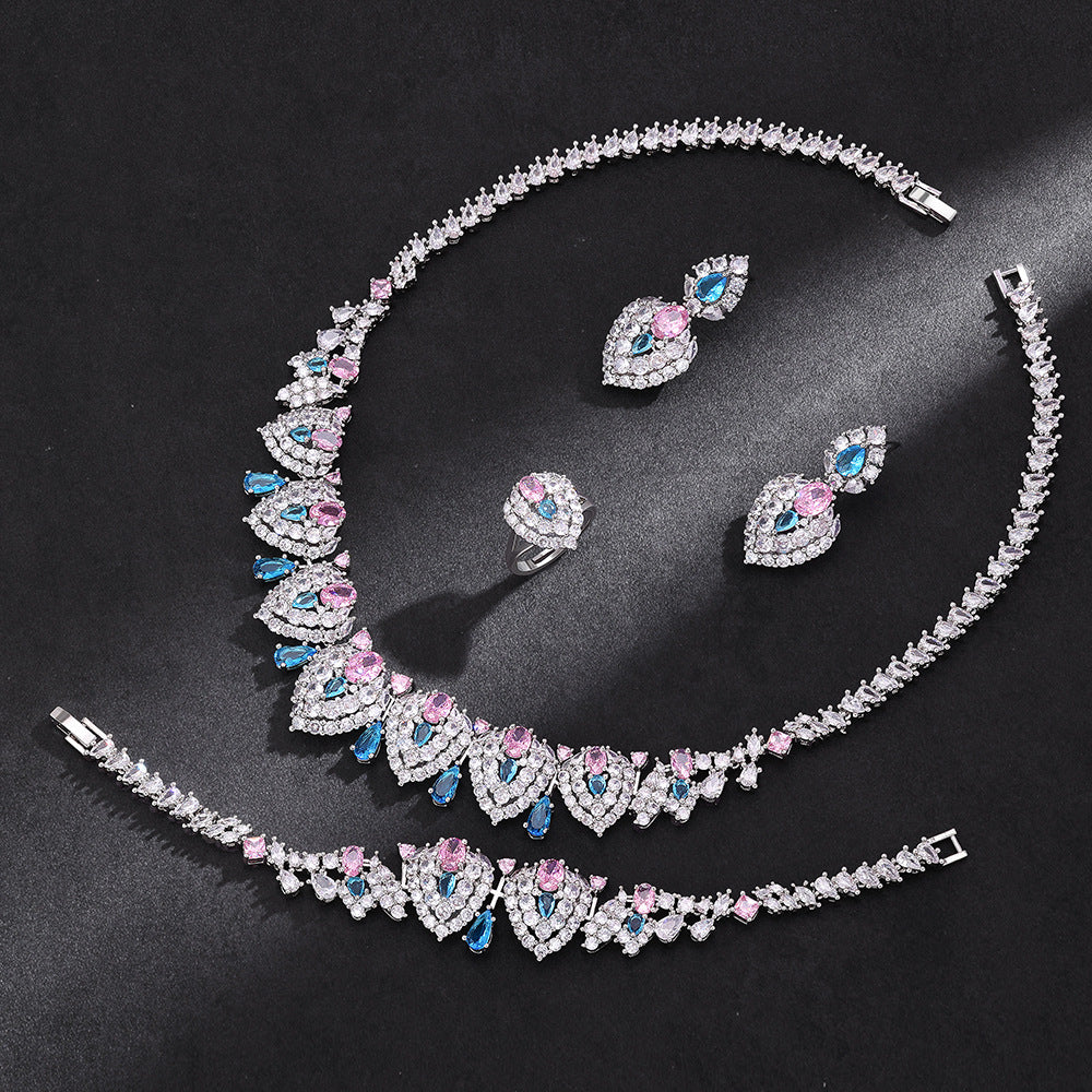 Luxury Heart Shape Crystal Jewelry Set Blue Pink Zircon Necklace Earrings Ring Bridal Statement Set for Women