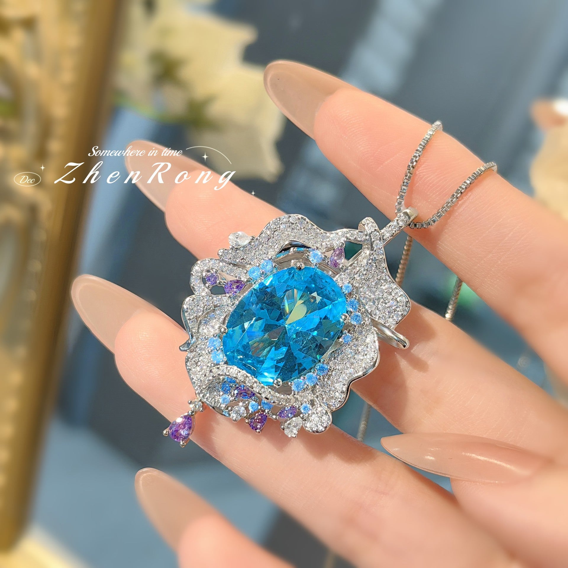 Fashion Shining Sea Blue Large Carat Gemstone Necklace