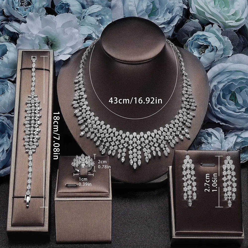 Luxury Crystal Fringe Necklace Set Silver Tone Statement Jewelry Set Earrings Ring Bridal Wedding Jewelry for Women