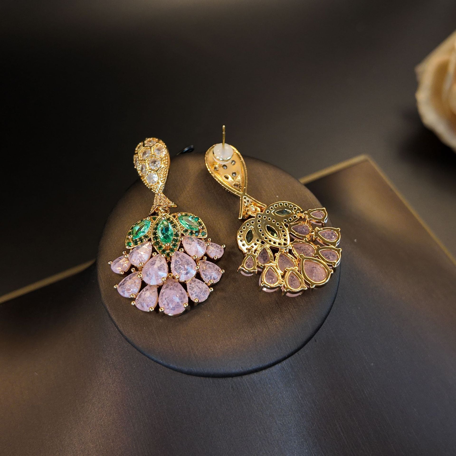 Stylish pink water drop fan flower stud earrings