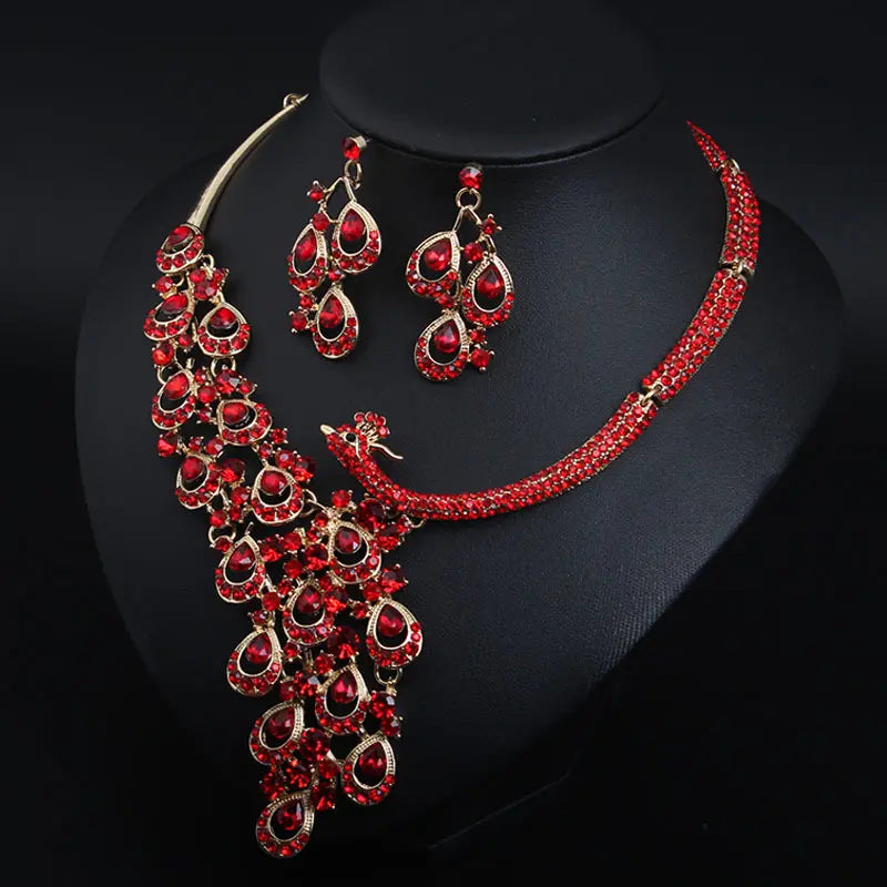 Luxury Multicolor Crystal Peacock Necklace and Earrings Jewelry Set
