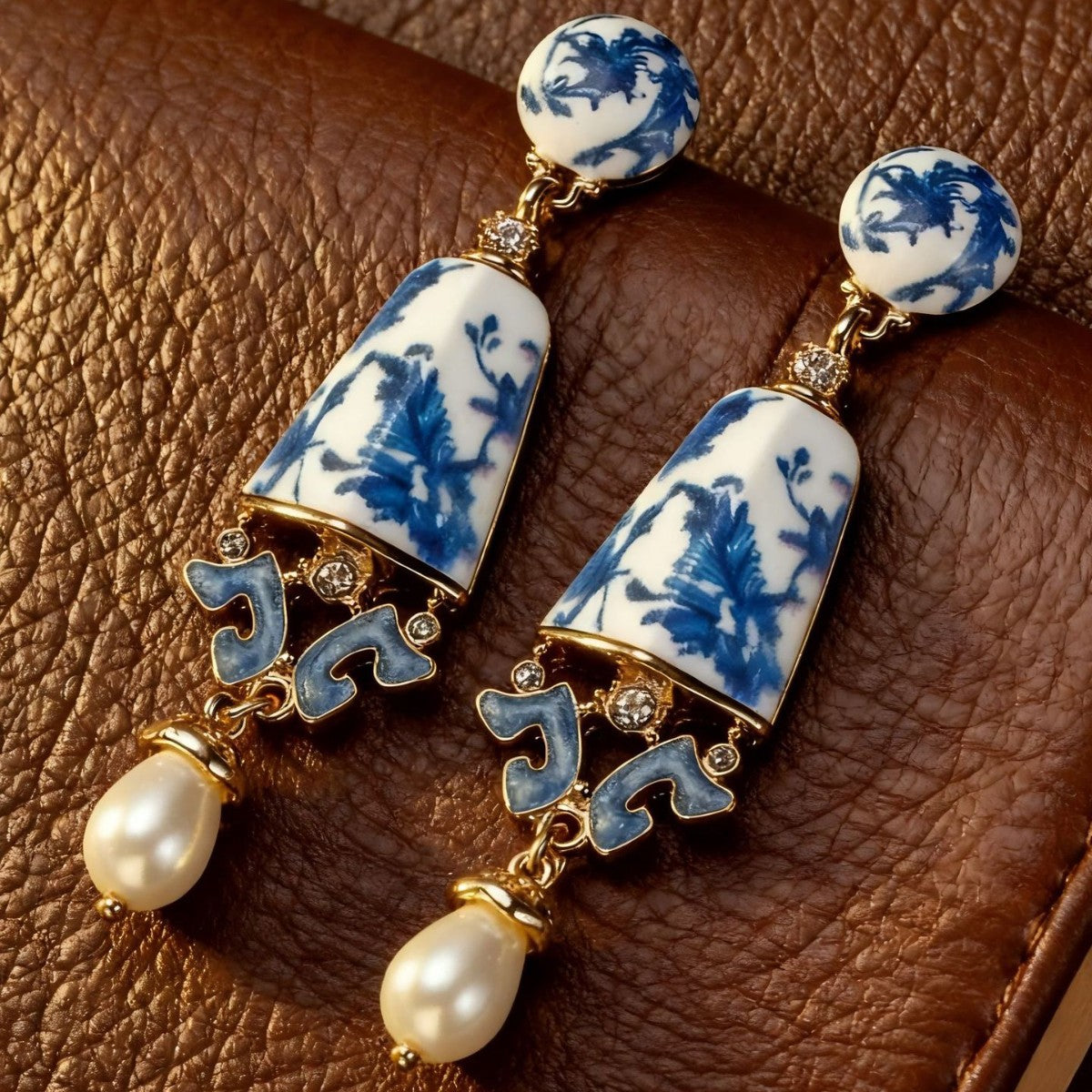 Boucles d'oreilles clous en porcelaine bleue et blanche classique, motif vase médiéval vintage