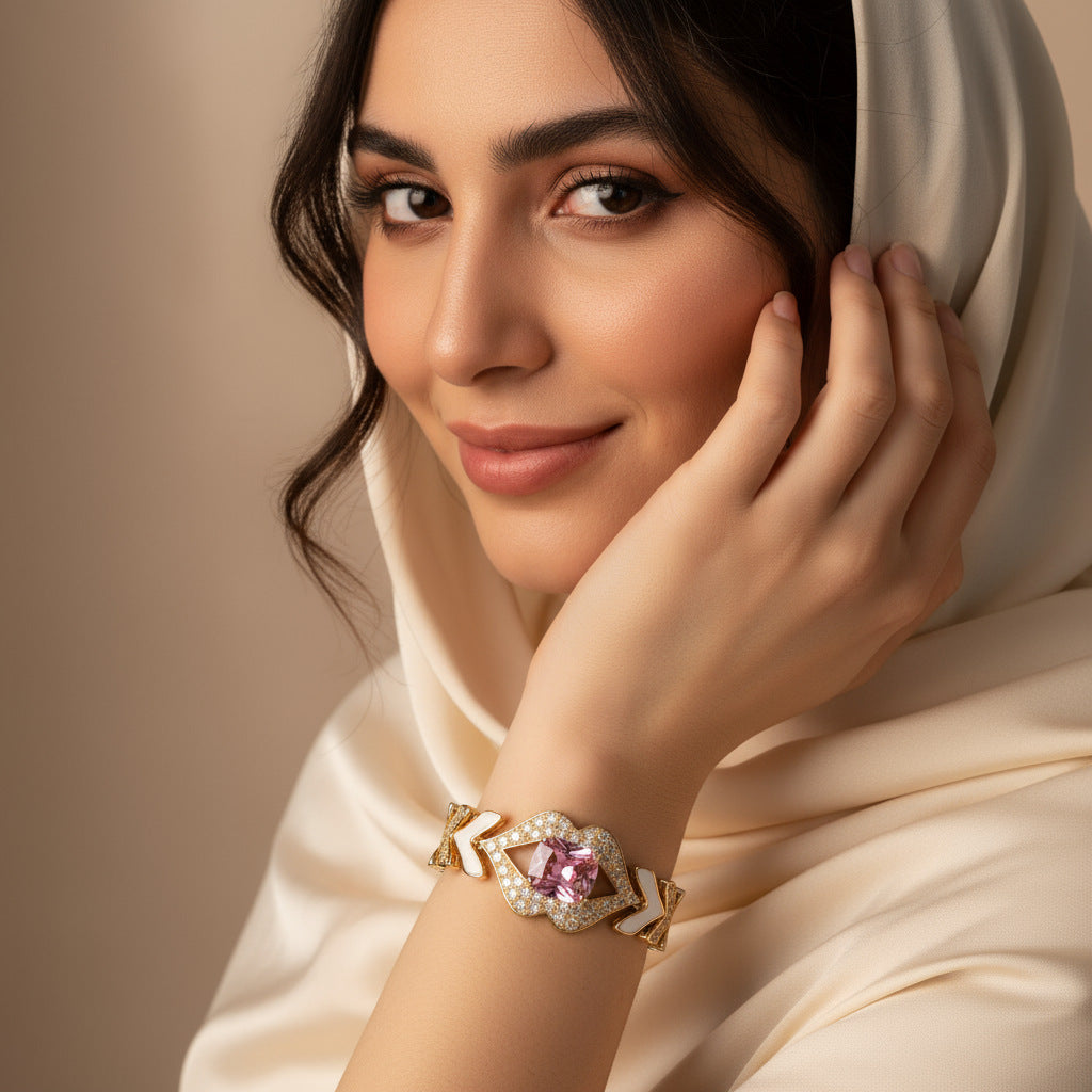 Luxury Ruby Red Crystal Bracelet – Gold Tone White Enamel Statement Jewelry for Women