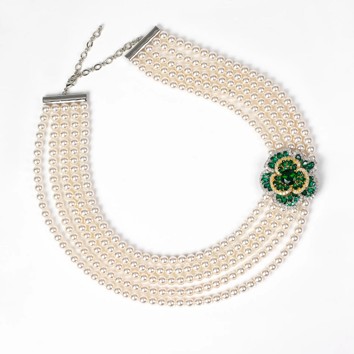 Luxury Multi Strand Pearl Necklace with Emerald Flower Brooch