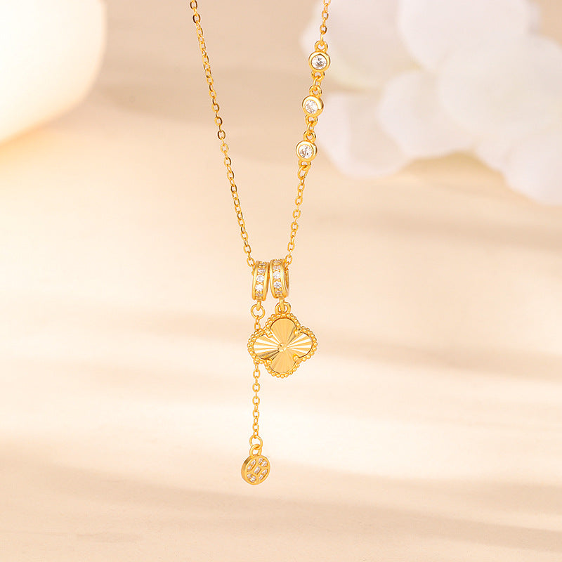 S925 Sterling Silver Lucky Clover Asymmetrical Necklace