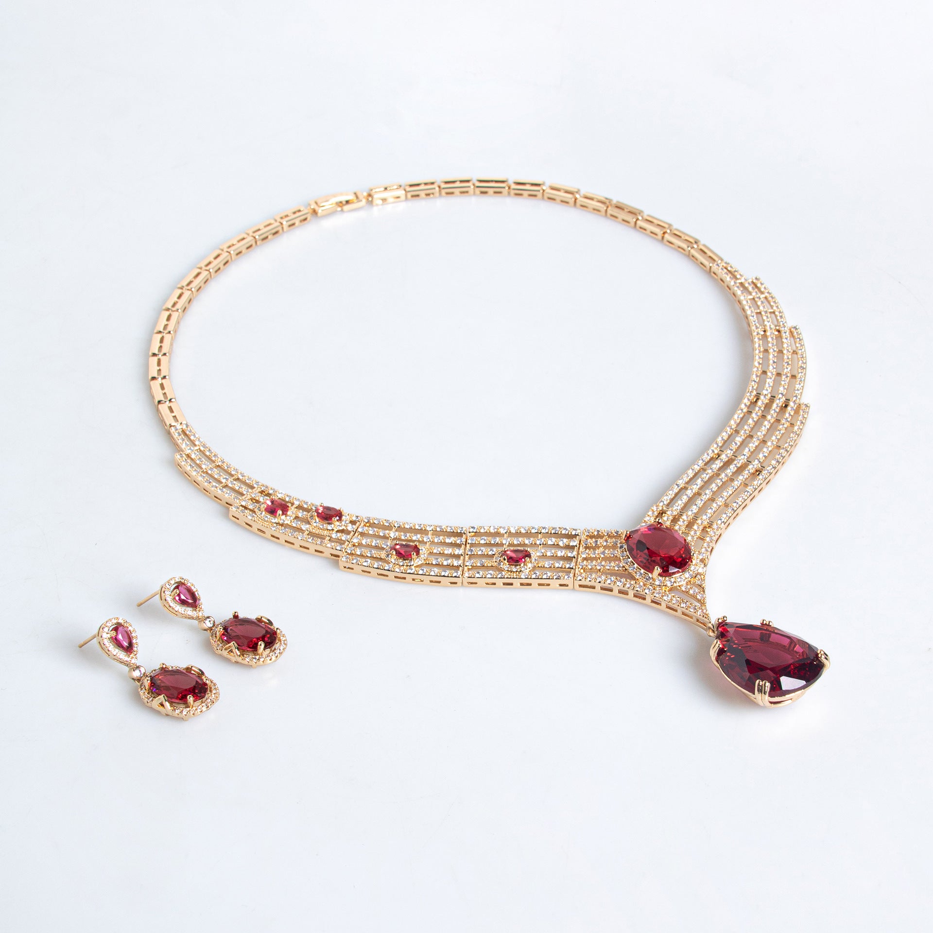 Luxury Deep Red Gemstone Statement Necklace Set for Women – Gold Jewelry with Matching Earrings