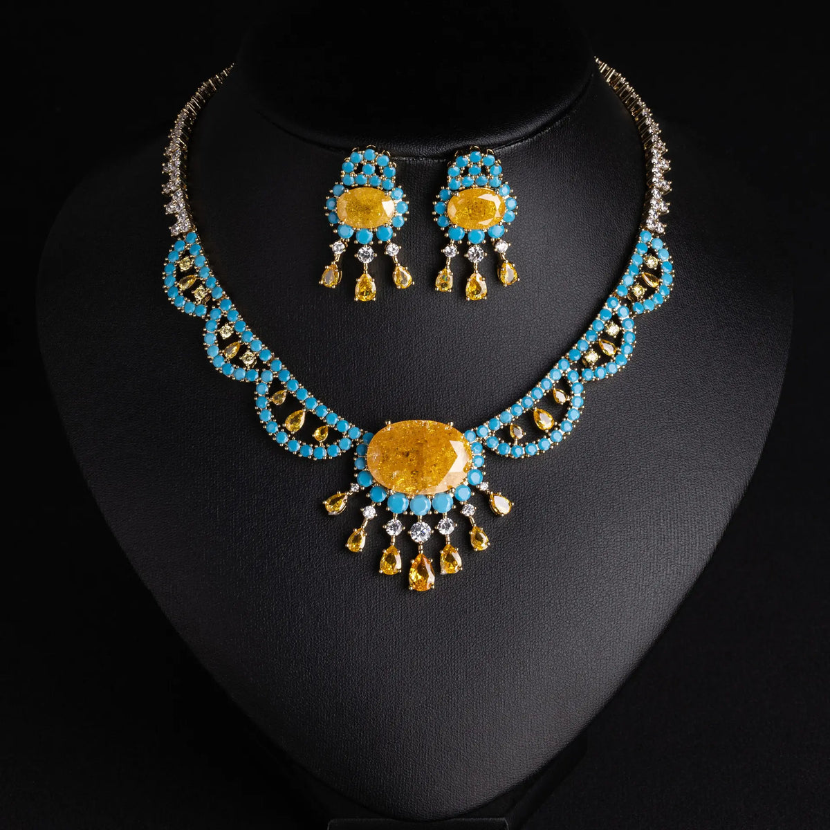 Elegant Turquoise and Yellow Gemstone Jewelry Set – Gold Necklace Earrings