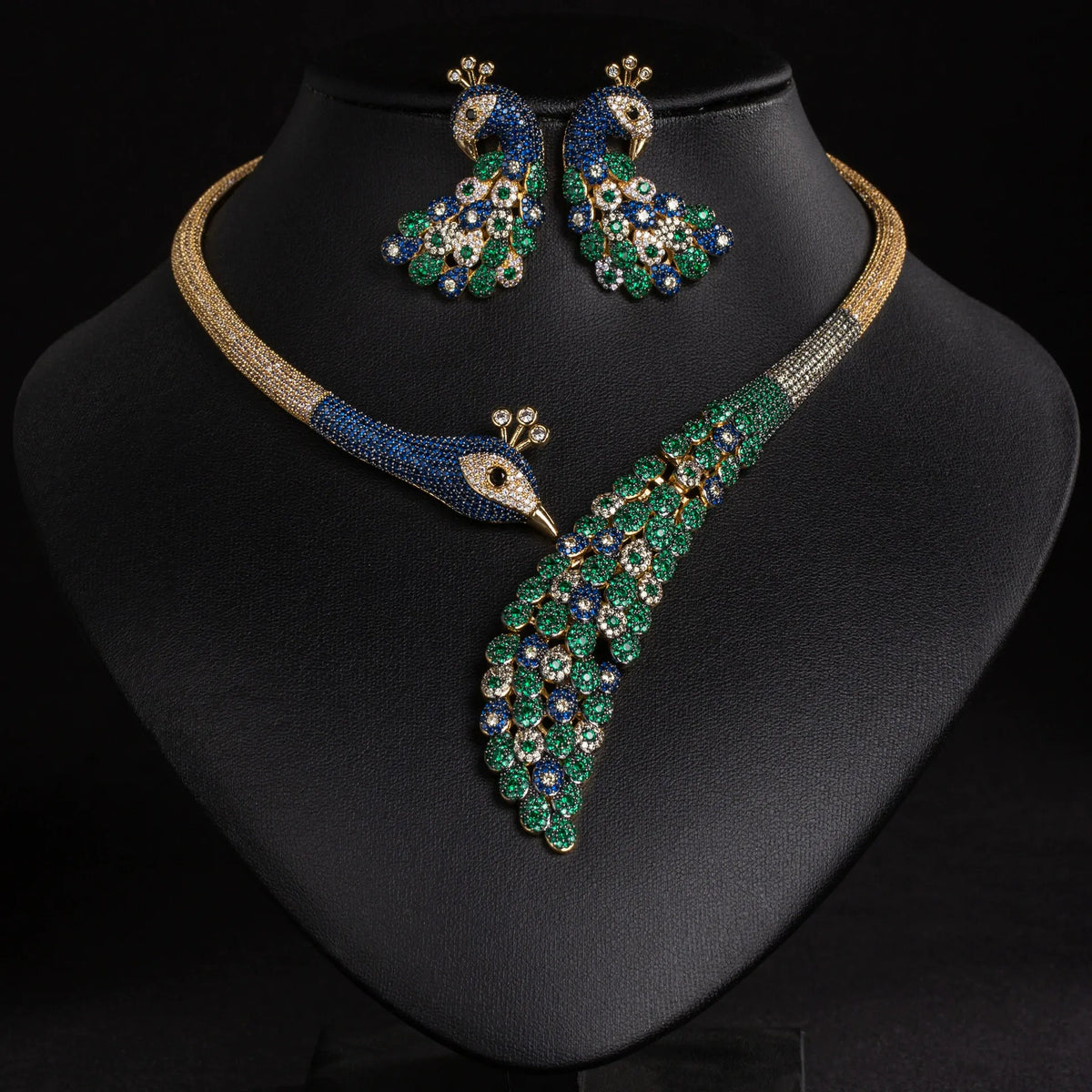 Luxury Blue Peacock Crystal Necklace and Earrings Jewelry Set