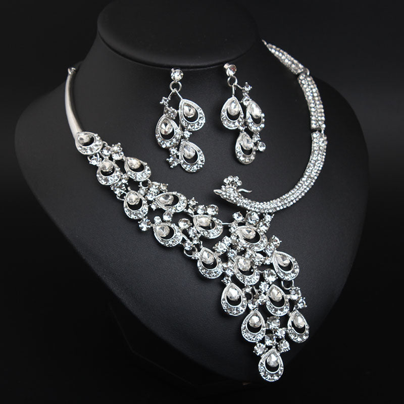 Luxury Multicolor Crystal Peacock Necklace and Earrings Jewelry Set