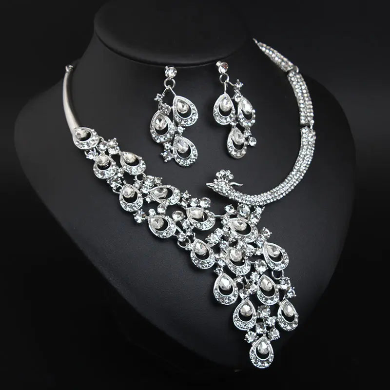 Luxury Multicolor Crystal Peacock Necklace and Earrings Jewelry Set