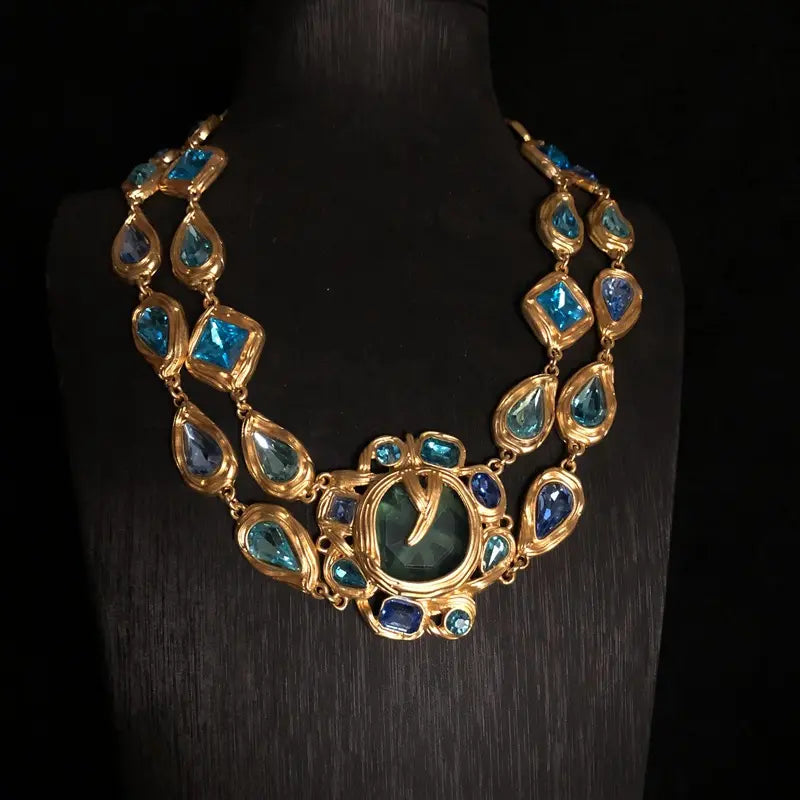 Parure Collier Tournesol Vintage Bleu Strass