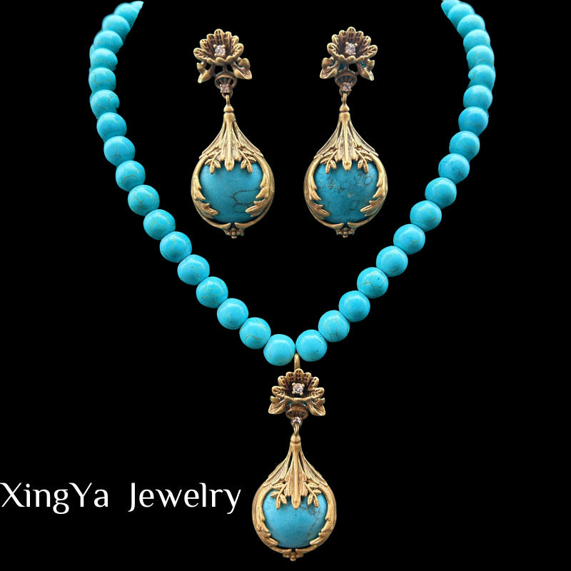 Vintage court style elegant three-dimensional flower turquoise inlaid necklace stud earrings set