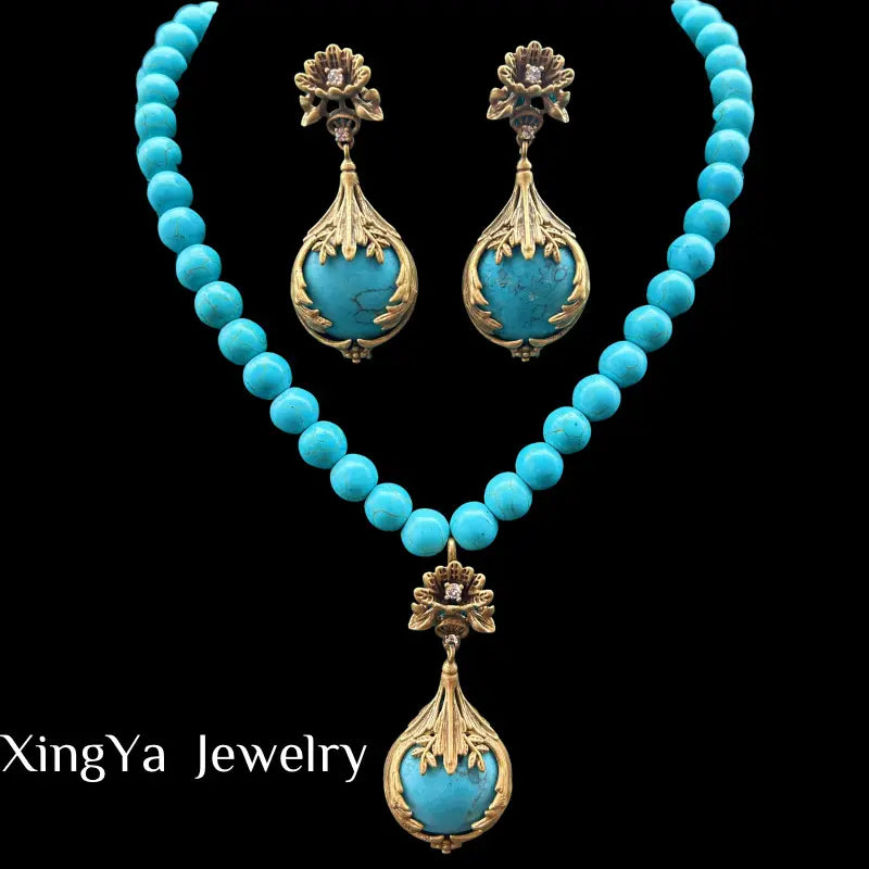 Ensemble collier clous d'oreilles fleuris en trois dimensions élégant style cour vintage incrusté de turquoise
