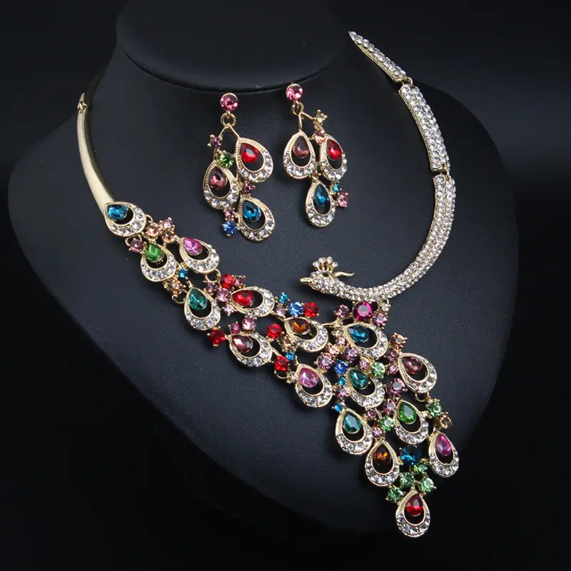 Luxury Multicolor Crystal Peacock Necklace and Earrings Jewelry Set