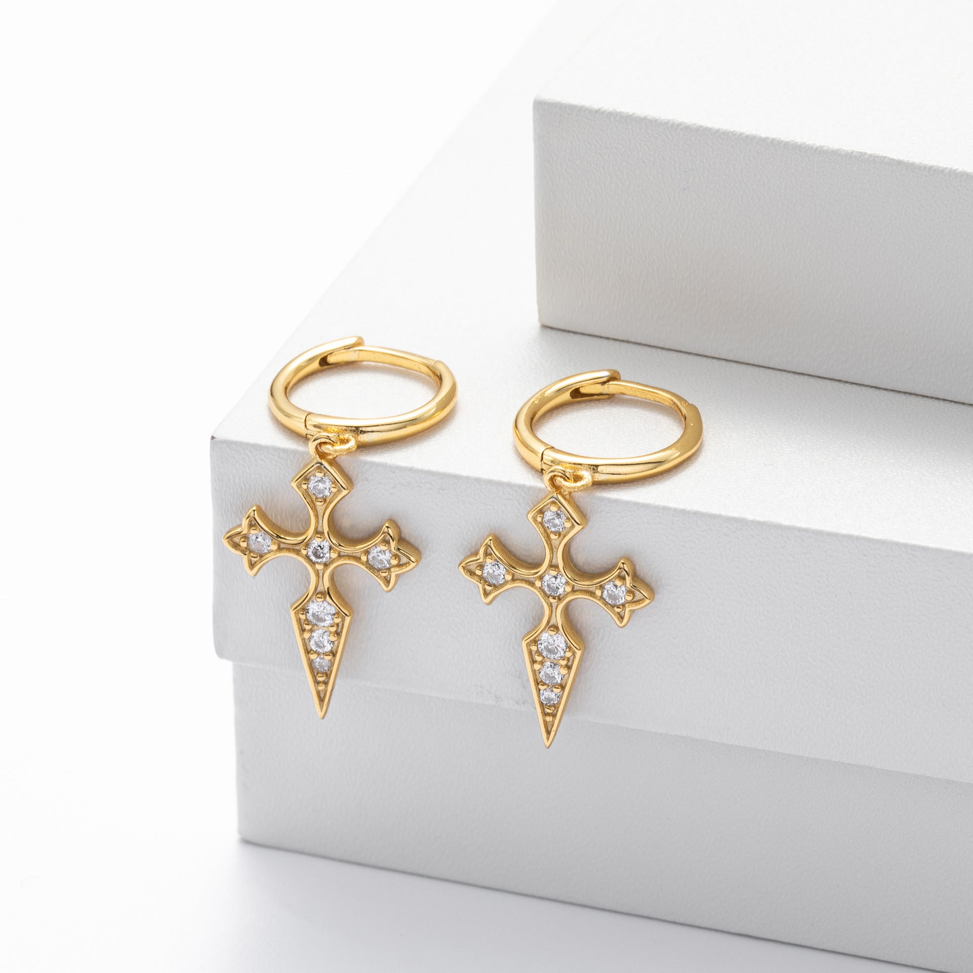 S925 sterling silver Baroque diamond studded cross earrings