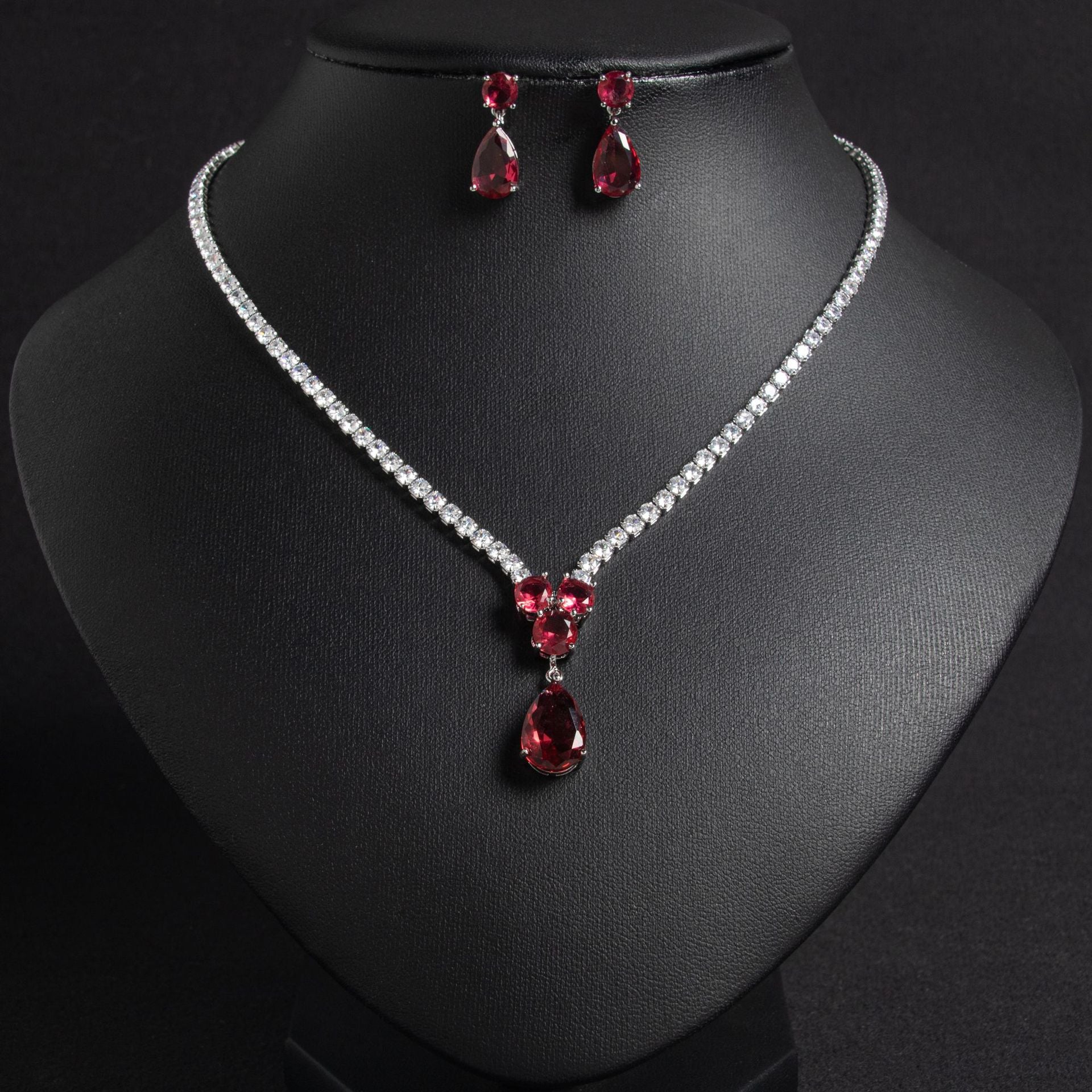 Luxury Ruby Red Crystal Necklace Earrings Set – Elegant Jewelry for Women