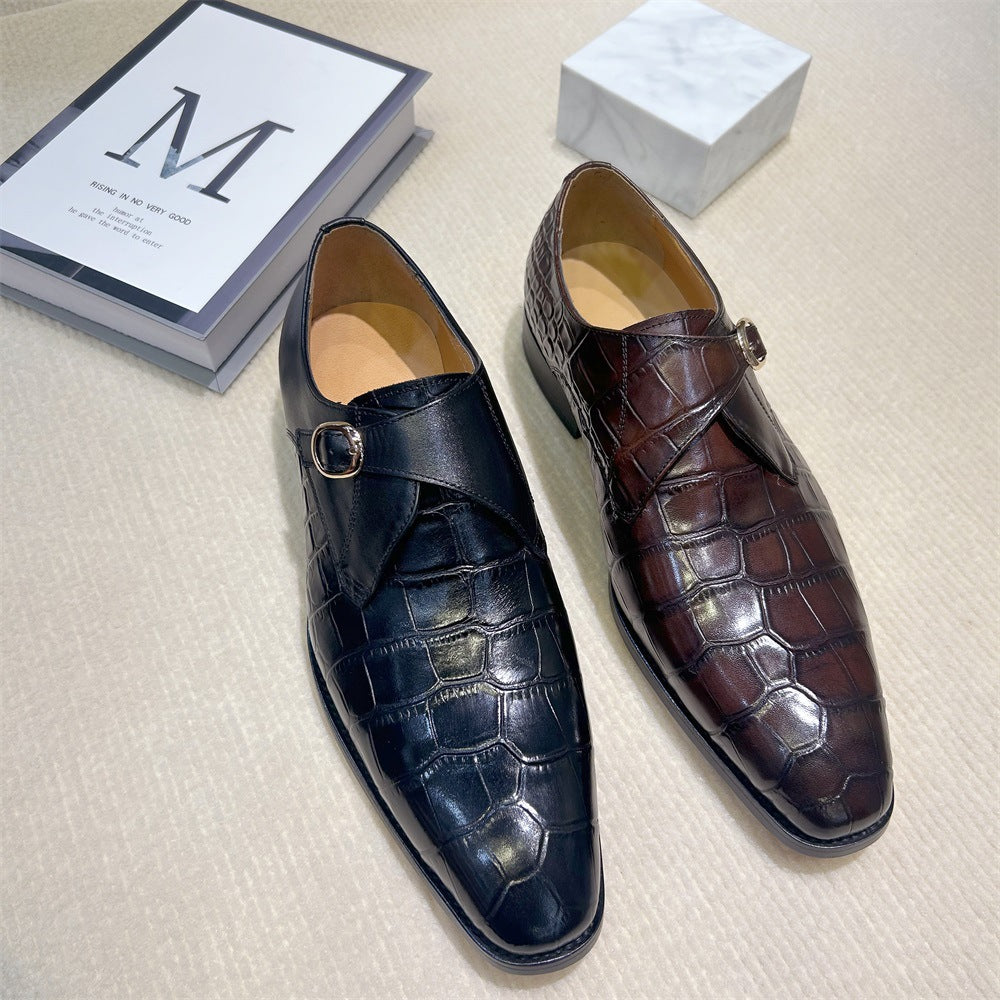 Crocodile embossed buckle business dress men's monk shoes