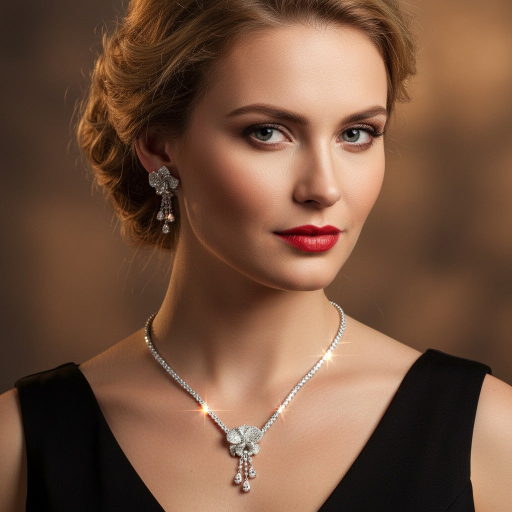 Luxury Silver Flower Ruby Drop Necklace Earrings Set – Elegant Jewelry for Women
