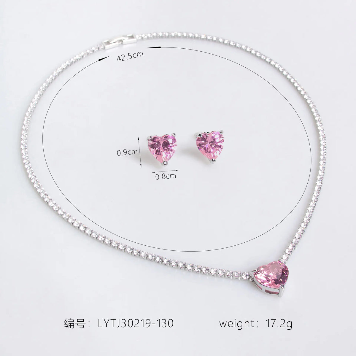 Ensemble de bijoux de luxe avec collier et boucles d'oreilles en cristal rose en forme de cœur pour femme