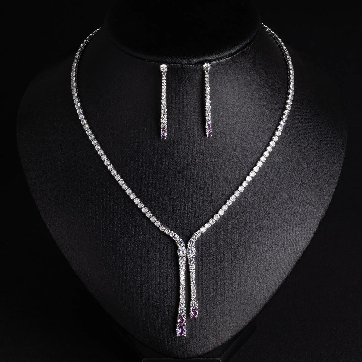Luxury Green Crystal Drop Necklace Set – Silver Tassel Earrings Jewelry