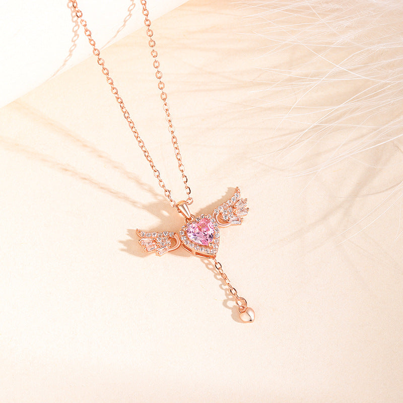 S925 Sterling Silver Pink Diamond Cupid Heart Necklace