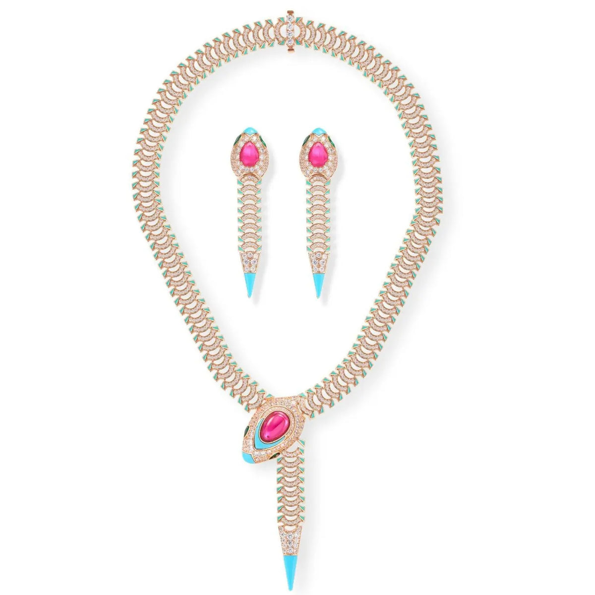 Luxury Rose Gold Statement Jewelry Set Snake Design Necklace Earrings with Ruby Blue Enamel Accent for Women