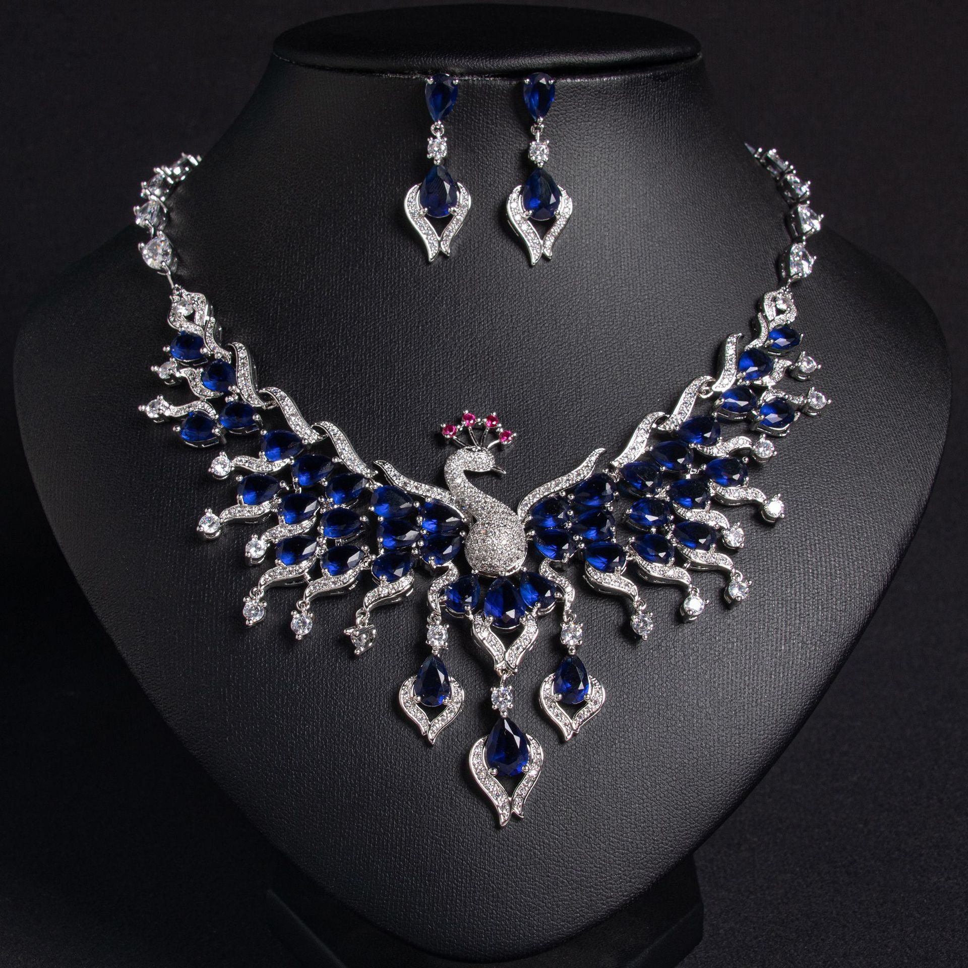 Luxury Multicolor Peacock Crystal Necklace and Earrings Jewelry Set