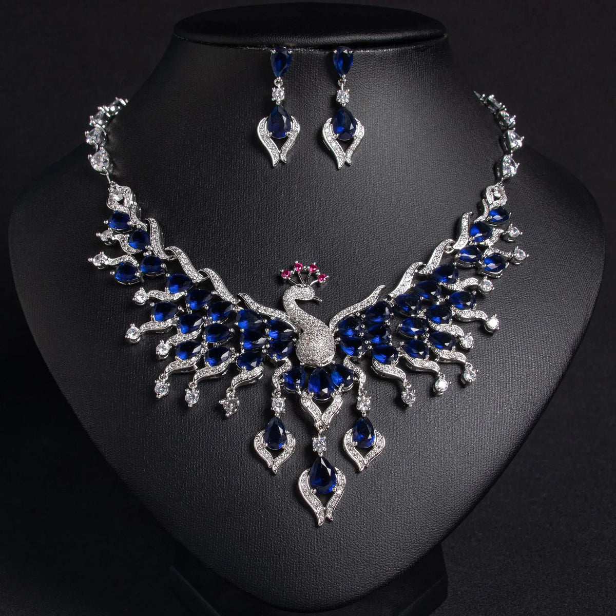 Luxury Multicolor Peacock Crystal Necklace and Earrings Jewelry Set