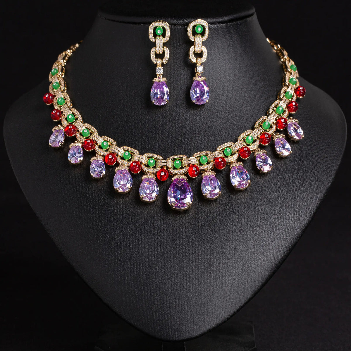 Luxury Multicolor Crystal Necklace Set with Pink Green Red Stones – Statement Jewelry for Women