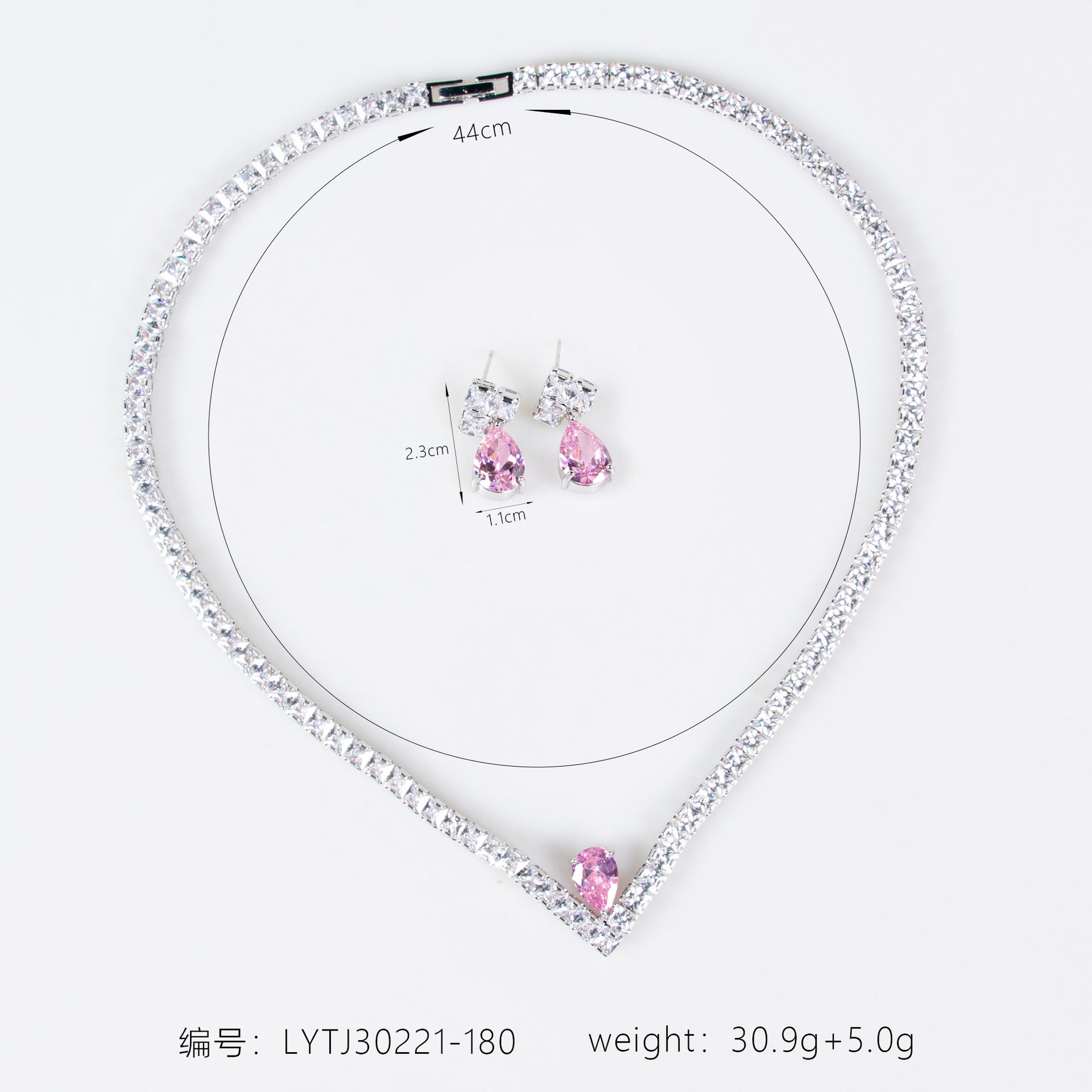 Luxury Pink Teardrop Crystal Necklace and Earrings Jewelry Set for Women