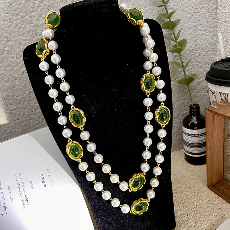 Vintage green glazed pearl necklace