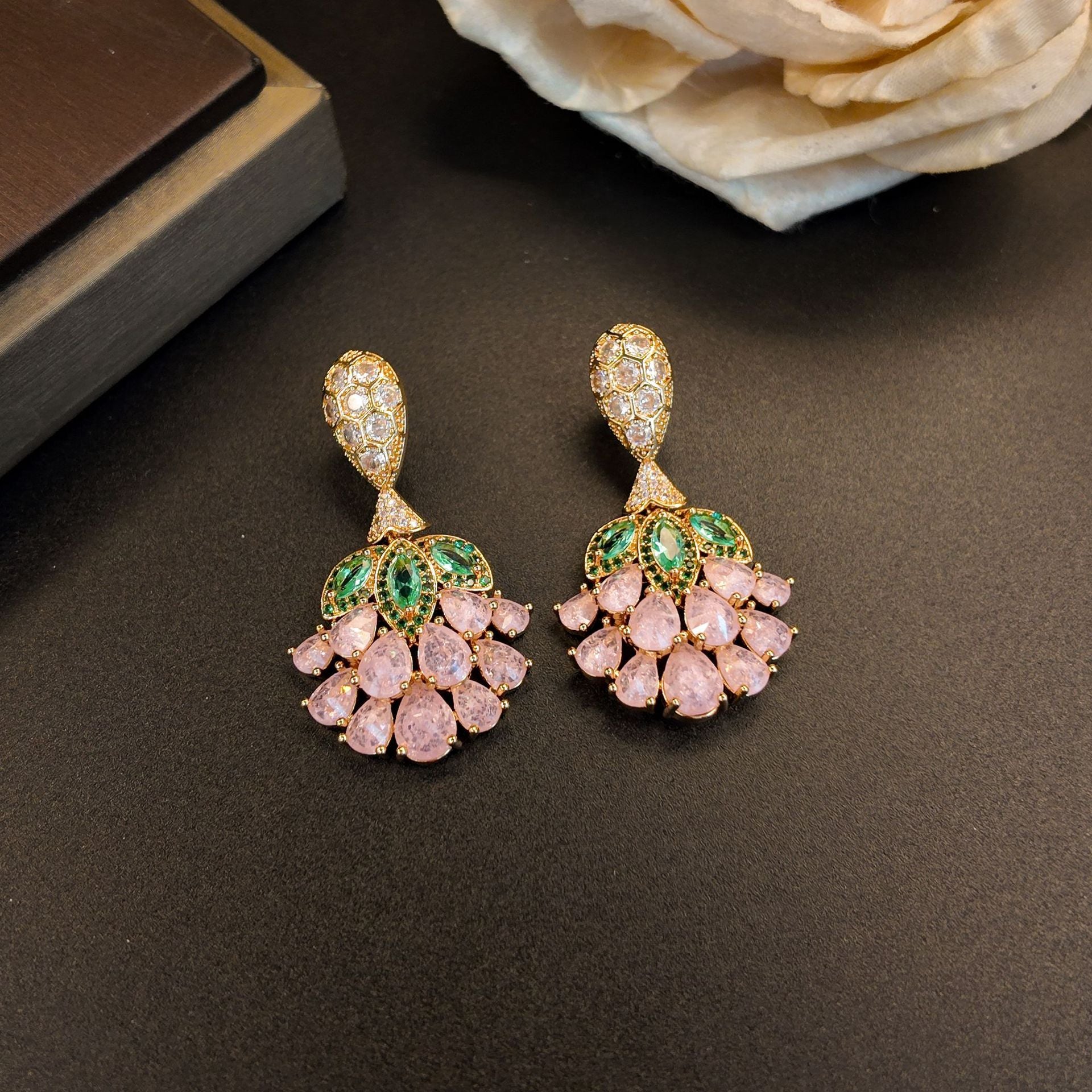 Stylish pink water drop fan flower stud earrings