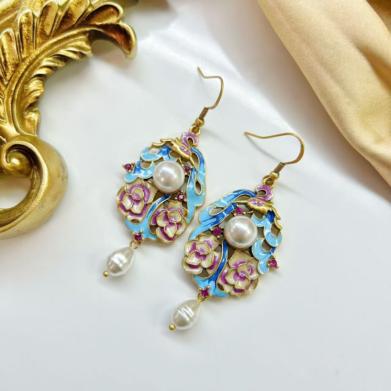 Cloisonne national style enamel colored bird court style earrings earrings