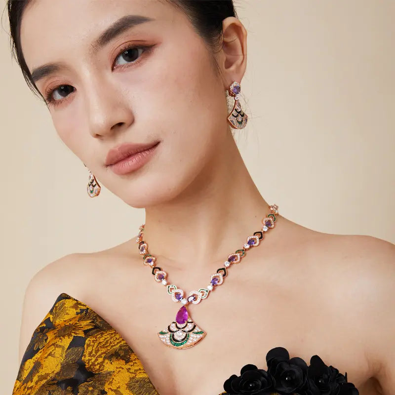 Collier Gala Éventail Violet Plaqué Or Fantaisie