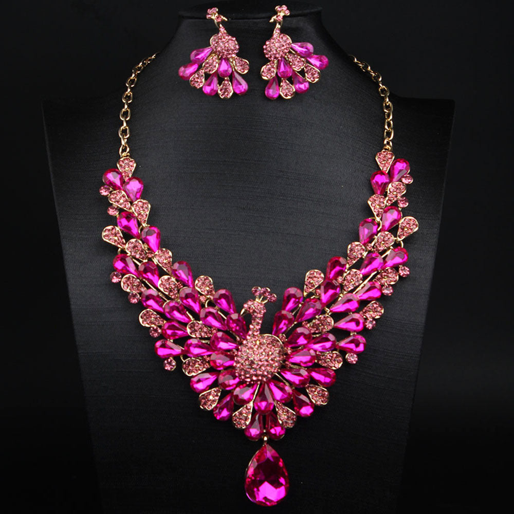 Luxury Emerald Green Peacock Crystal Necklace and Earrings Jewelry Set