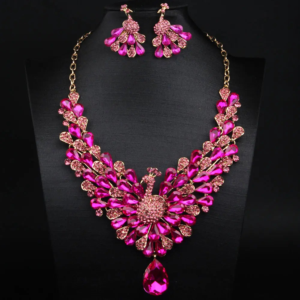 Luxury Emerald Green Peacock Crystal Necklace and Earrings Jewelry Set