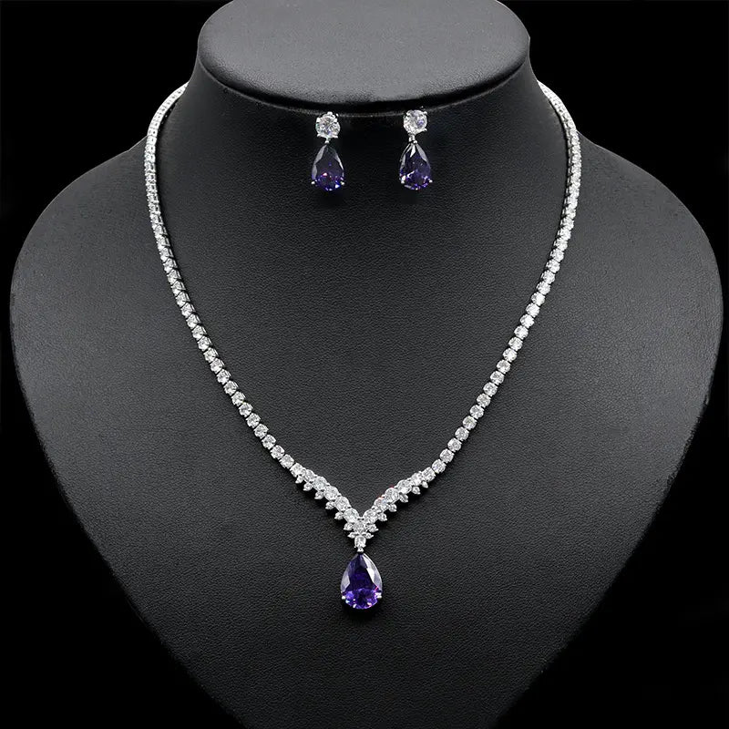 Luxury Ruby Red Crystal Necklace Set – Sparkling Teardrop Jewelry for Women