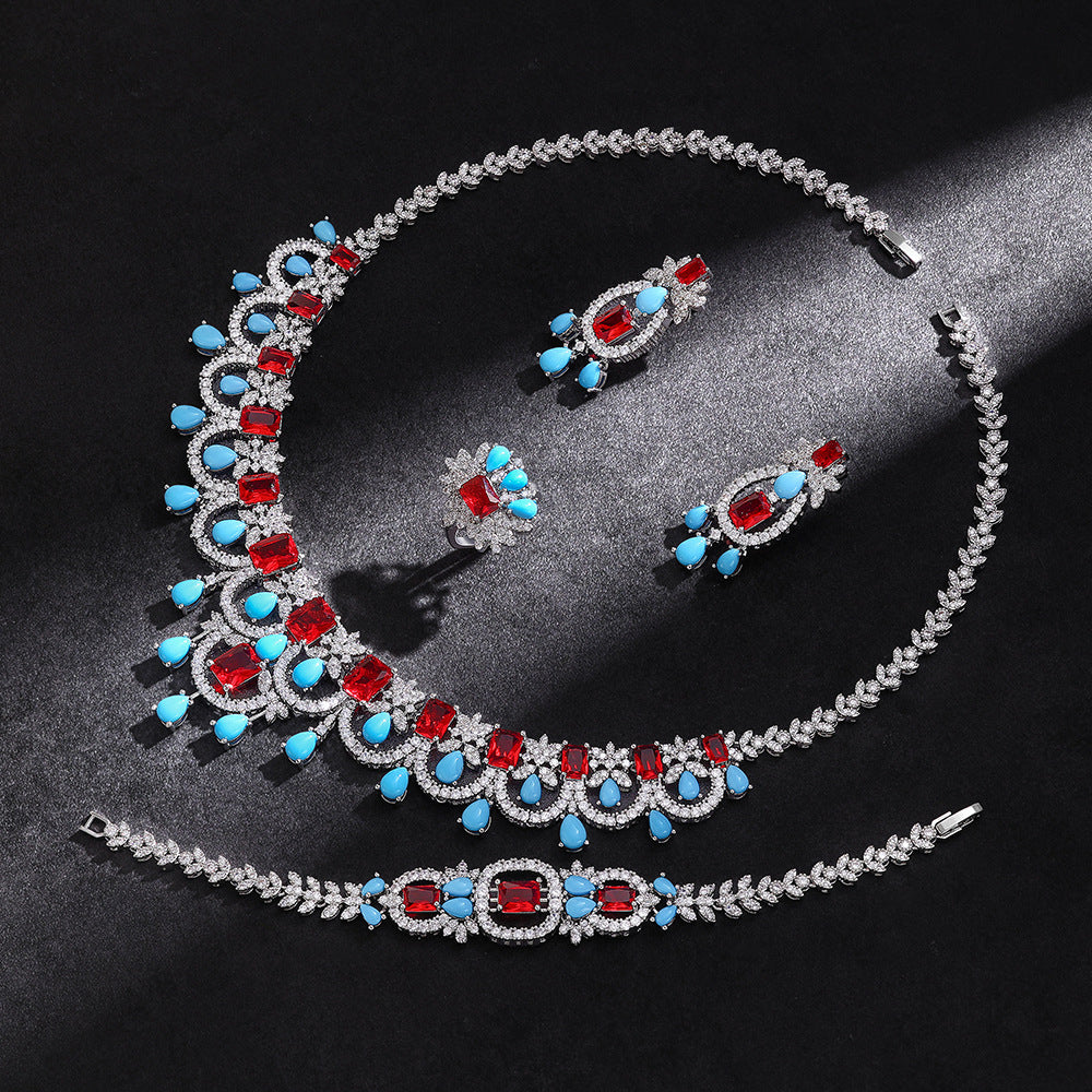 Luxury Pink and Turquoise Crystal Necklace Earrings Bracelet Ring Jewelry Set
