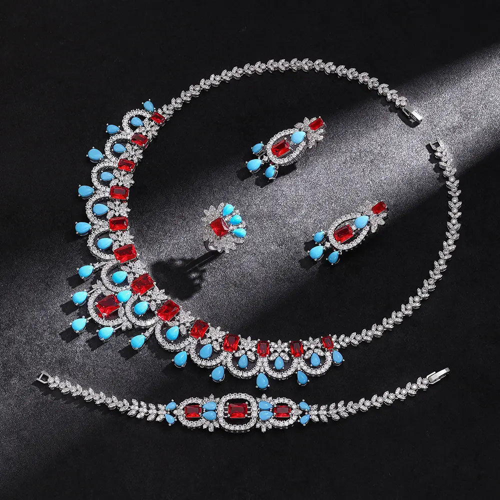 Schmuckset Luxus Rosa Türkis Kristall Halskette Ohrringe Armband Ring