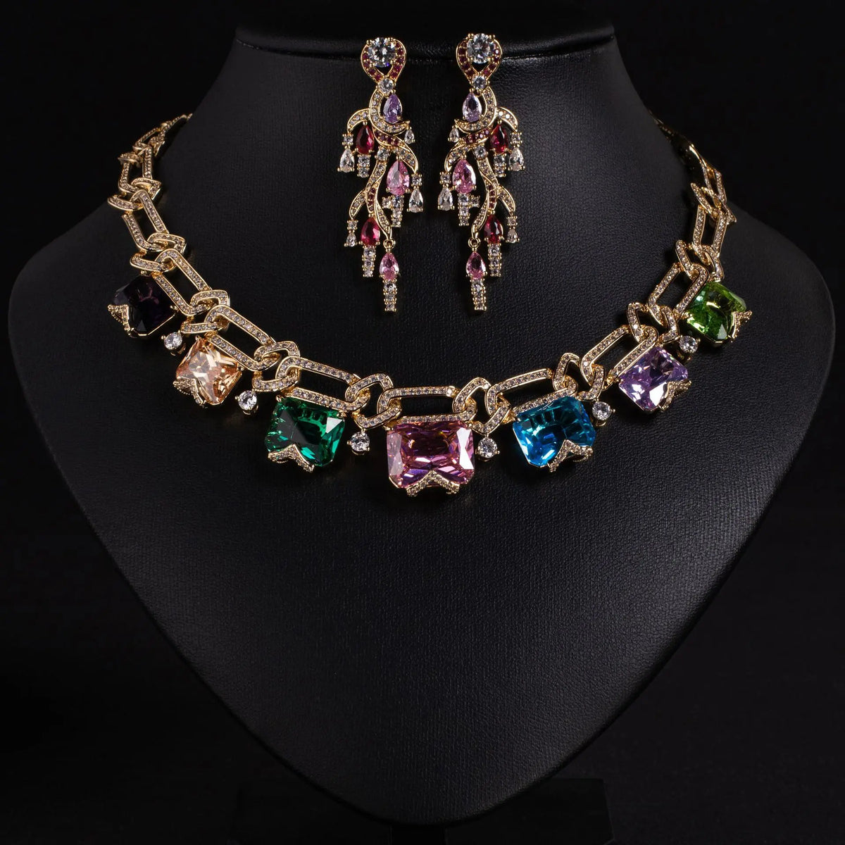 Luxury Multicolor Crystal Statement Necklace and Earrings Jewelry Set