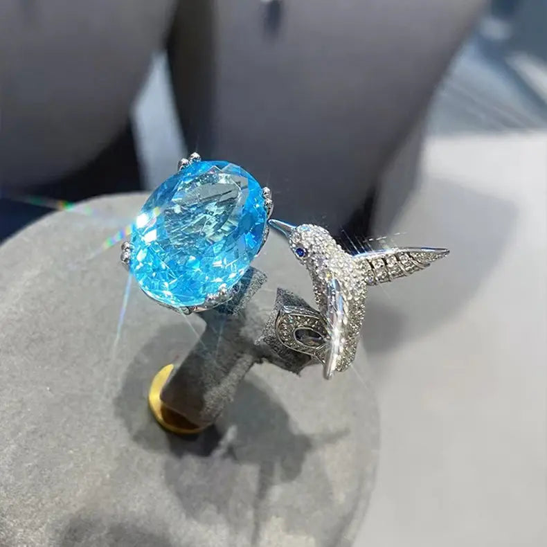 Luxury Blue Oval Crystal Bird Ring for Women