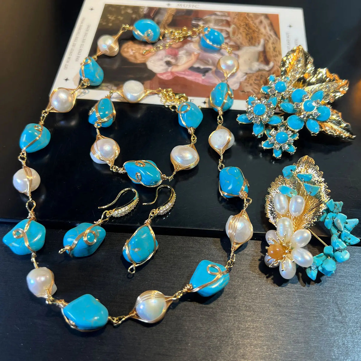 Parure Collier Boucles d'Oreilles Bracelet Broche Perles Baroques Naturelles Turquoise