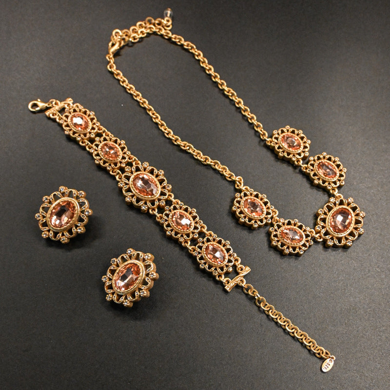 Retro electroplated glazed hollow relief jewelry set