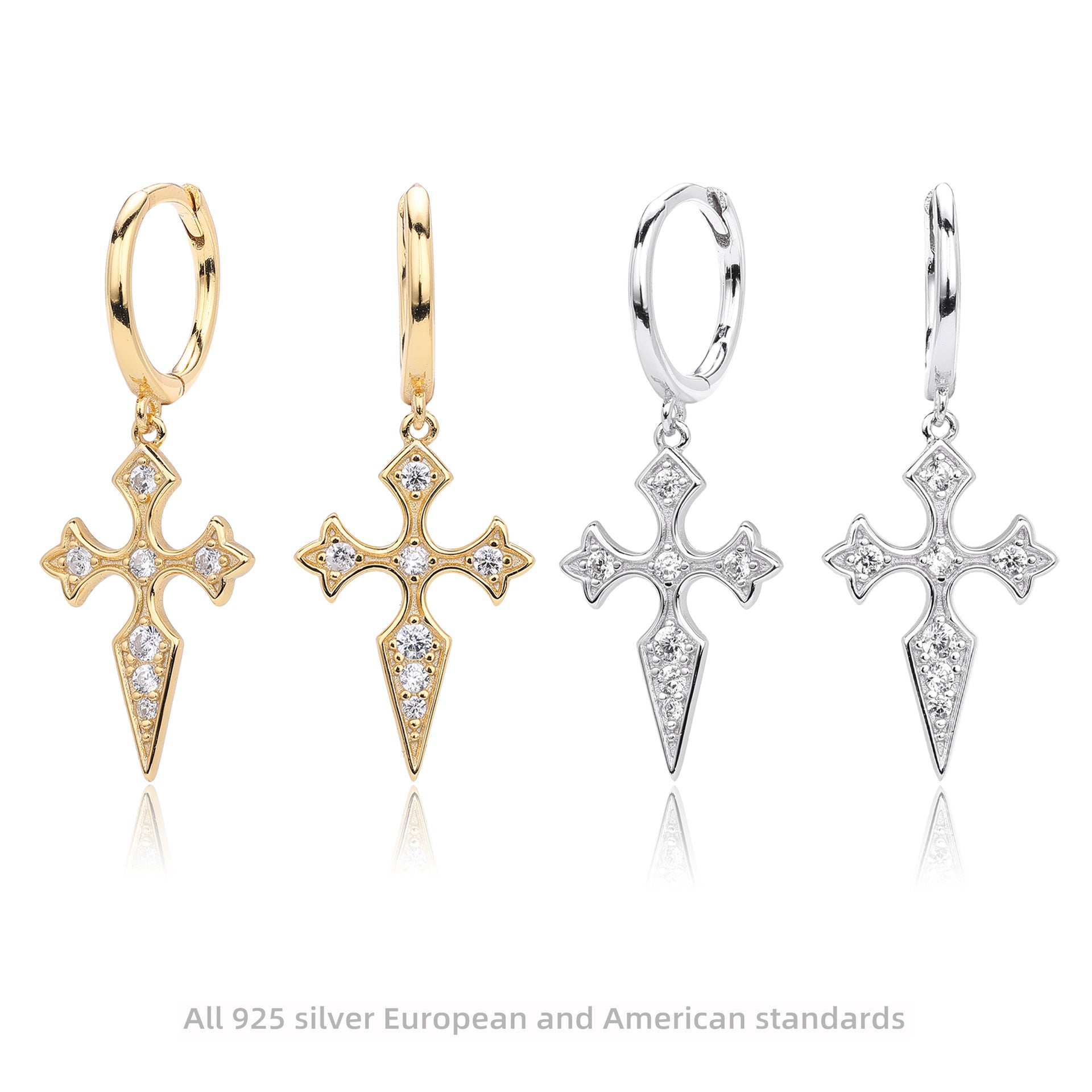 S925 sterling silver Baroque diamond studded cross earrings