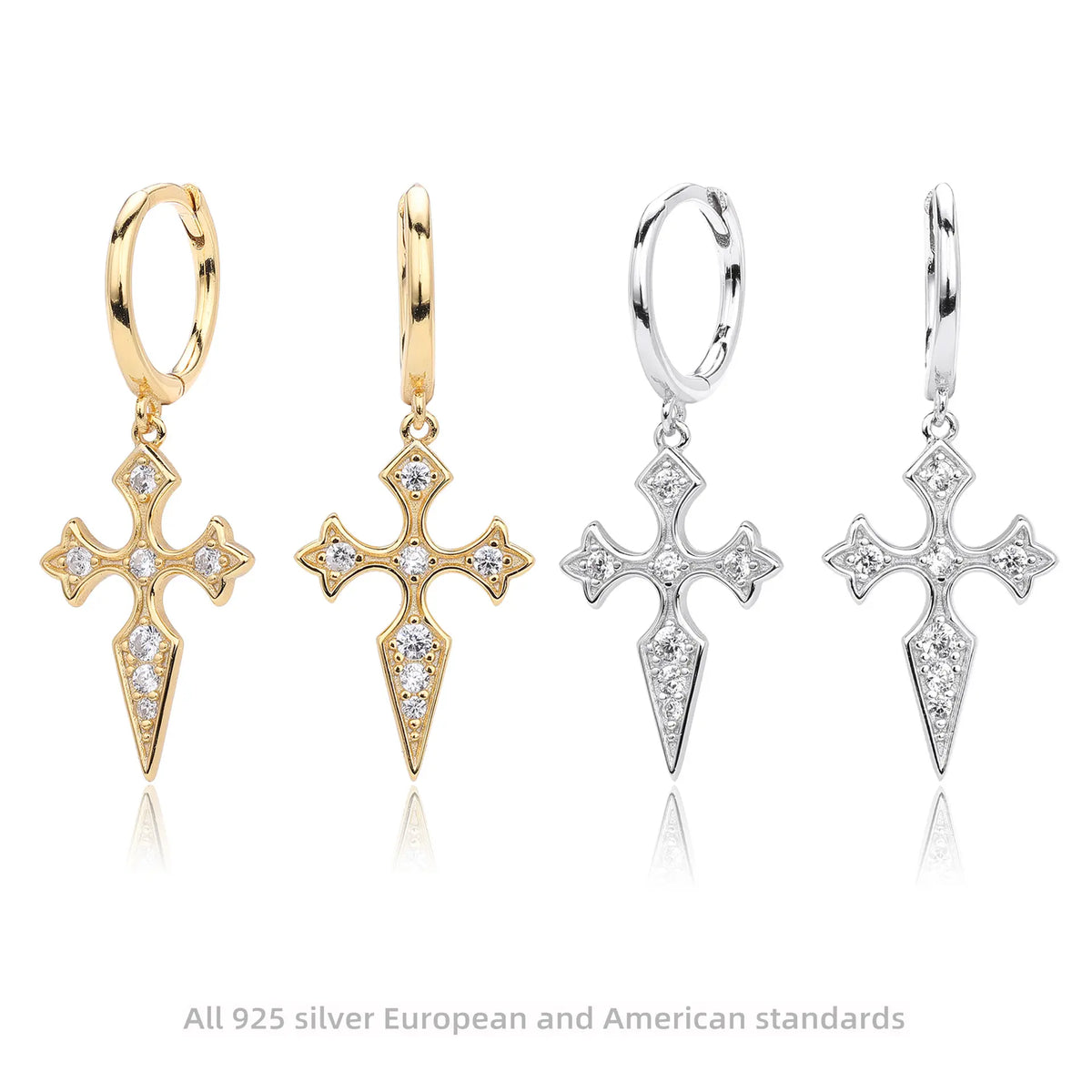 Boucles d'oreilles croix serties de diamants style baroque en argent sterling S925
